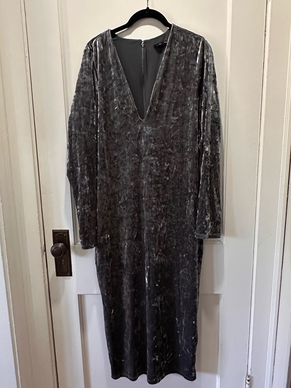 Velvet V-Neck Long Sleeve Midi Dress - Gray